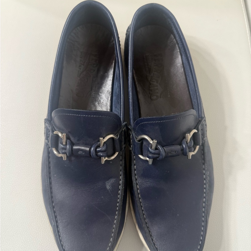 Salvatore Ferragamo Men's Navy Loafers with Metal Accent